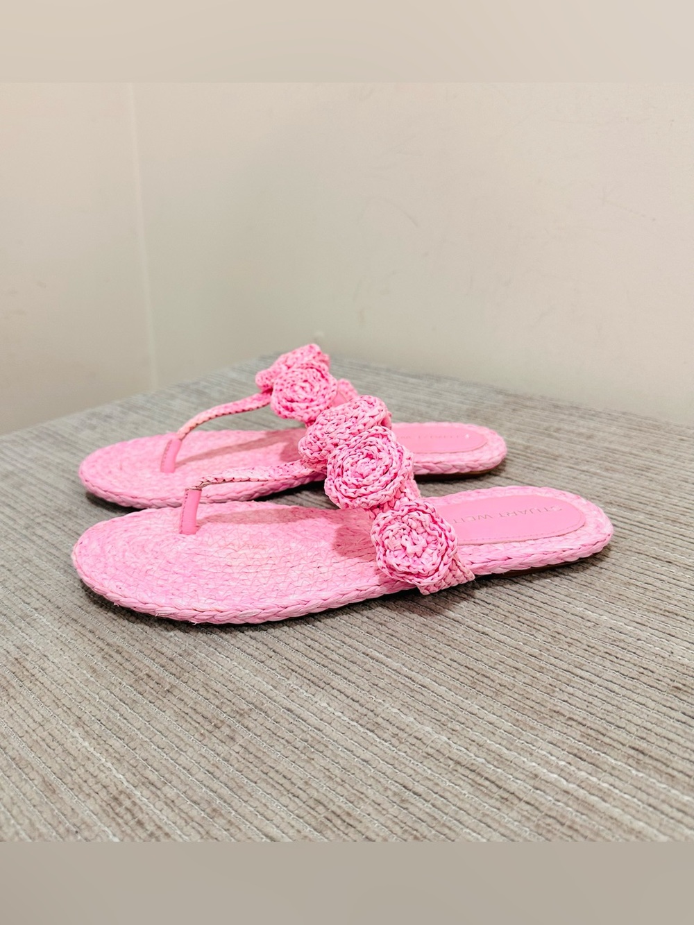 Stuart Weitzman Magnolia Pink Raffia T-Strap Slide Sandals Flower Flip Flops 9